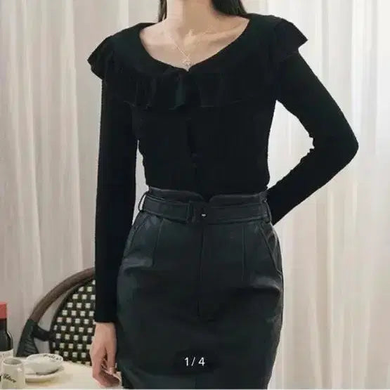 [BUNJANG] Floeum Coco Ruffle Cardigan Blouse Black / 플로움 코코러플 가디건 블라우스