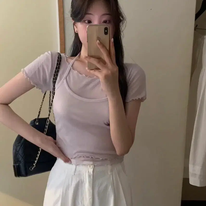 [BUNJANG] Ondemine Layered Halterneck T-shirt / 온드민 레이어드 홀터넥 티셔츠 반팔