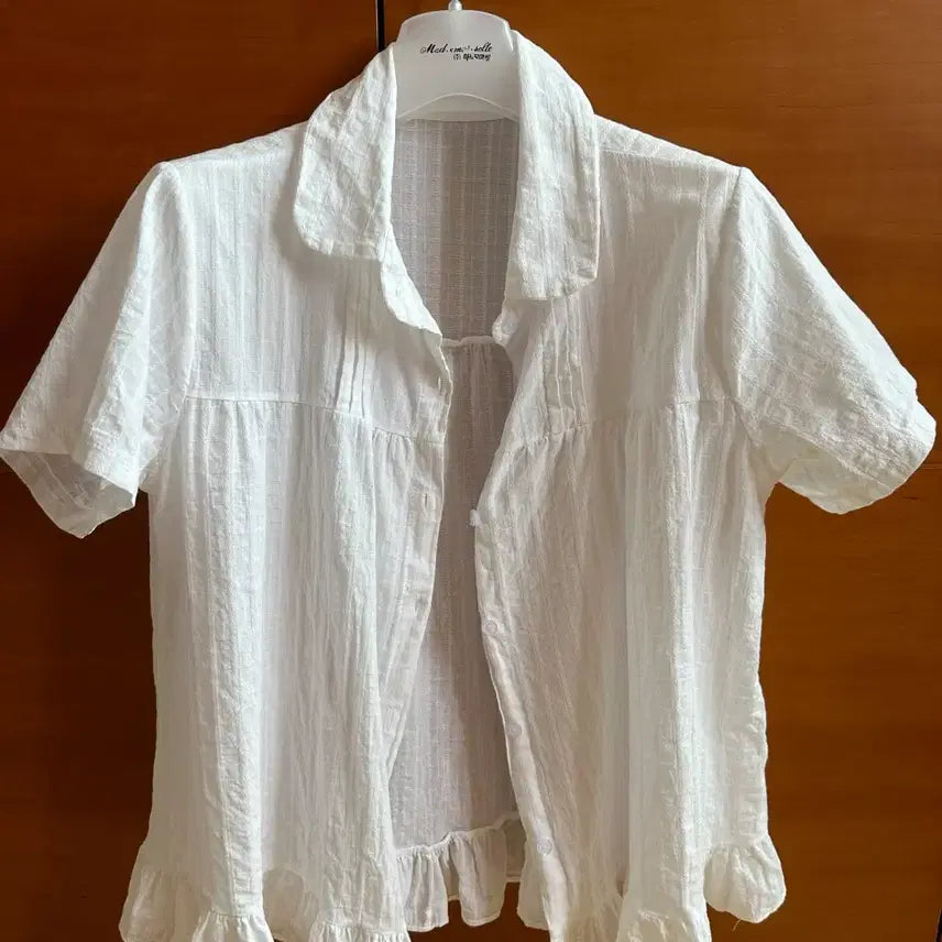 [BUNJANG] Vintage White Check Frill Collar Blouse Shirt / 모리걸 빈티지 프릴 카라 화이트 체크 블라우스 셔츠