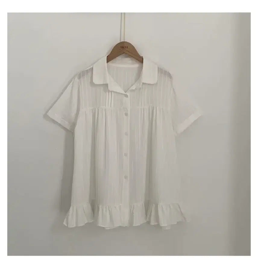 [BUNJANG] Vintage White Check Frill Collar Blouse Shirt / 모리걸 빈티지 프릴 카라 화이트 체크 블라우스 셔츠