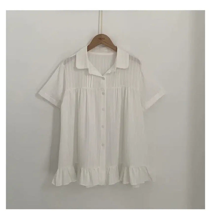 [BUNJANG] Vintage White Check Frill Collar Blouse Shirt / 모리걸 빈티지 프릴 카라 화이트 체크 블라우스 셔츠