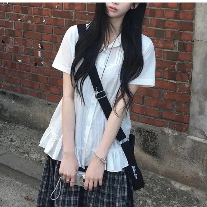 [BUNJANG] Vintage White Check Frill Collar Blouse Shirt / 모리걸 빈티지 프릴 카라 화이트 체크 블라우스 셔츠