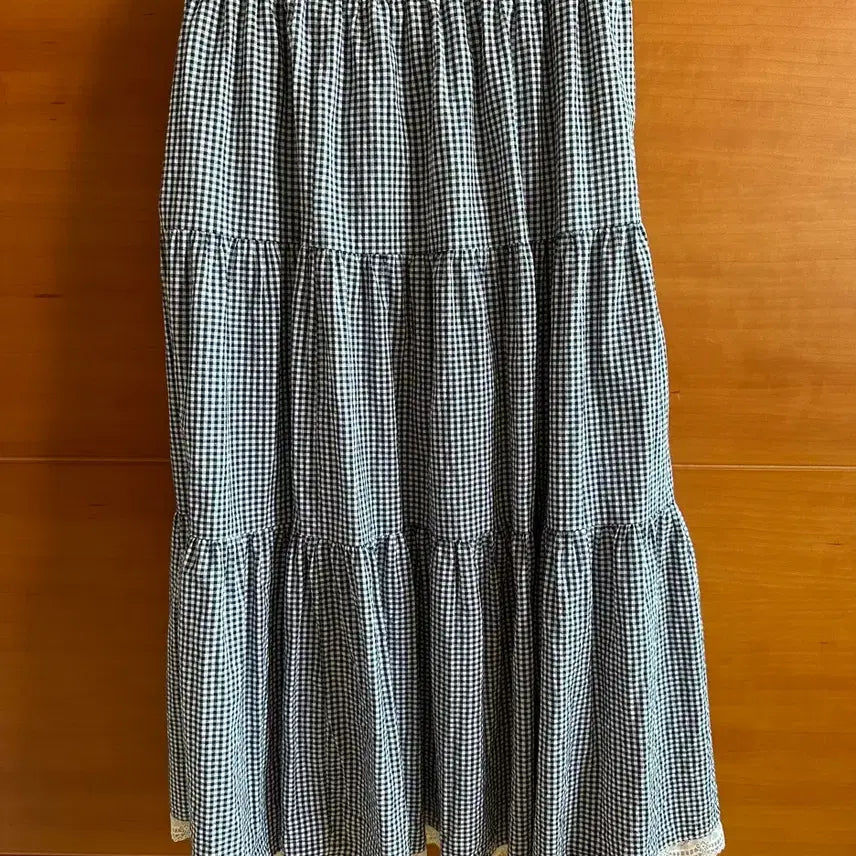 [BUNJANG] Check Lace Layered Long Skirt Navy / 여름 모리룩 체크 레이스 캉캉 롱스커트 네이비