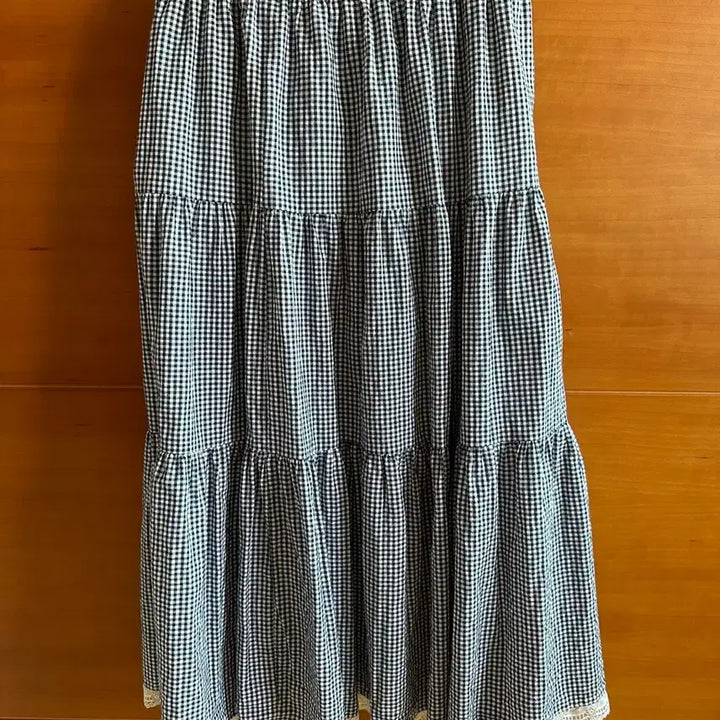 [BUNJANG] Check Lace Layered Long Skirt Navy / 여름 모리룩 체크 레이스 캉캉 롱스커트 네이비