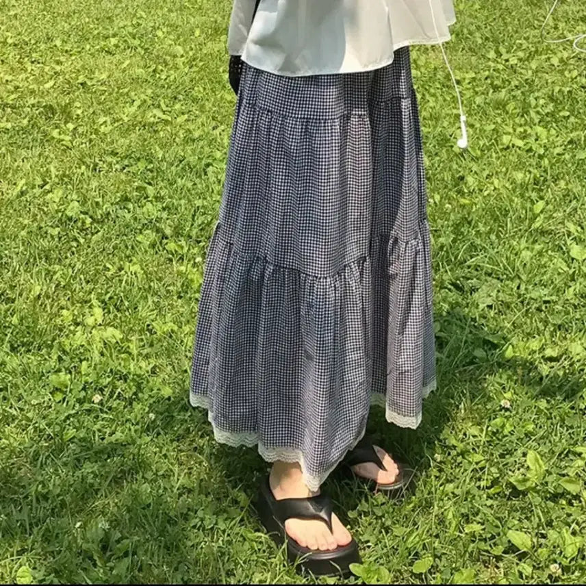 [BUNJANG] Check Lace Layered Long Skirt Navy / 여름 모리룩 체크 레이스 캉캉 롱스커트 네이비