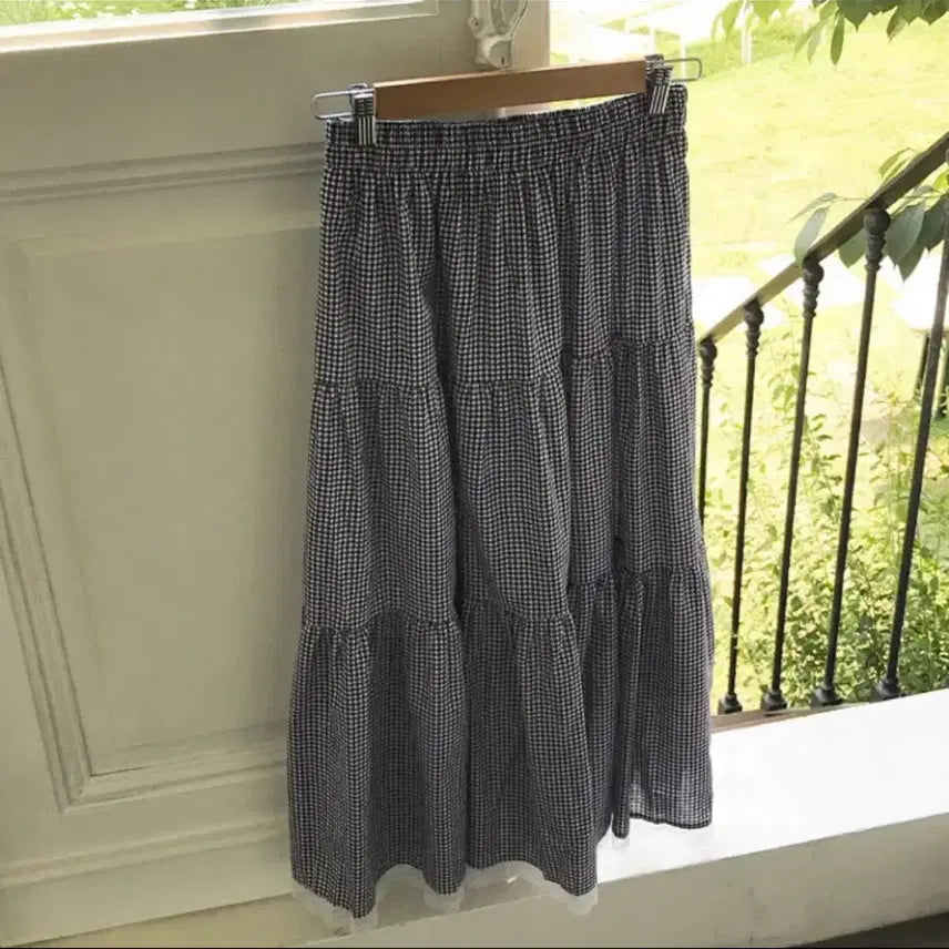 [BUNJANG] Check Lace Layered Long Skirt Navy / 여름 모리룩 체크 레이스 캉캉 롱스커트 네이비