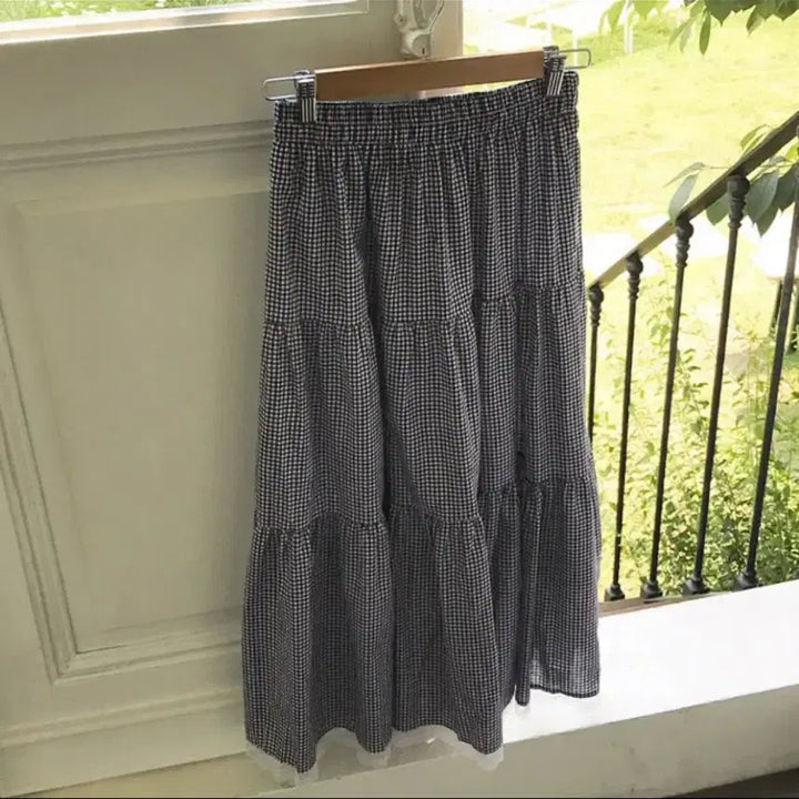 [BUNJANG] Check Lace Layered Long Skirt Navy / 여름 모리룩 체크 레이스 캉캉 롱스커트 네이비