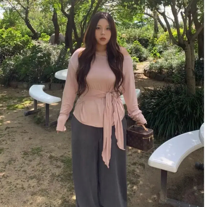 [BUNJANG] Pink Long Sleeve Tie Shirt / 랩 묶음 긴팔 티 (새상품)