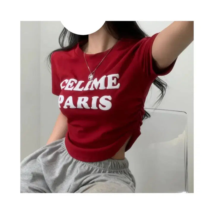 [BUNJANG] Wine Red Shirring Cropped T-Shirt (One Size) / 와인색 셔링 크롭티(프리사이즈)