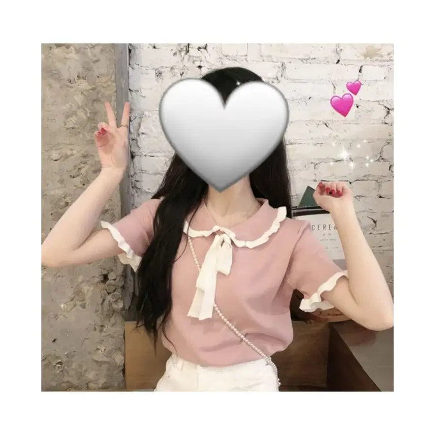 [BUNJANG] Pink Collar Short Sleeve Knit (Free Size) / 핑크색 카라 반팔 니트(프리사이즈)