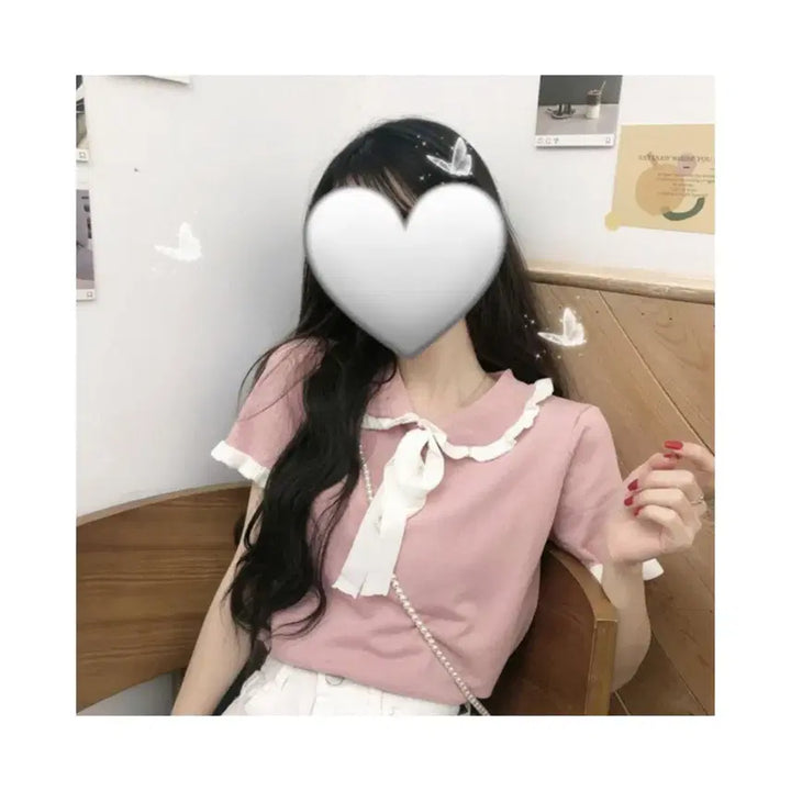 [BUNJANG] Pink Collar Short Sleeve Knit (Free Size) / 핑크색 카라 반팔 니트(프리사이즈)