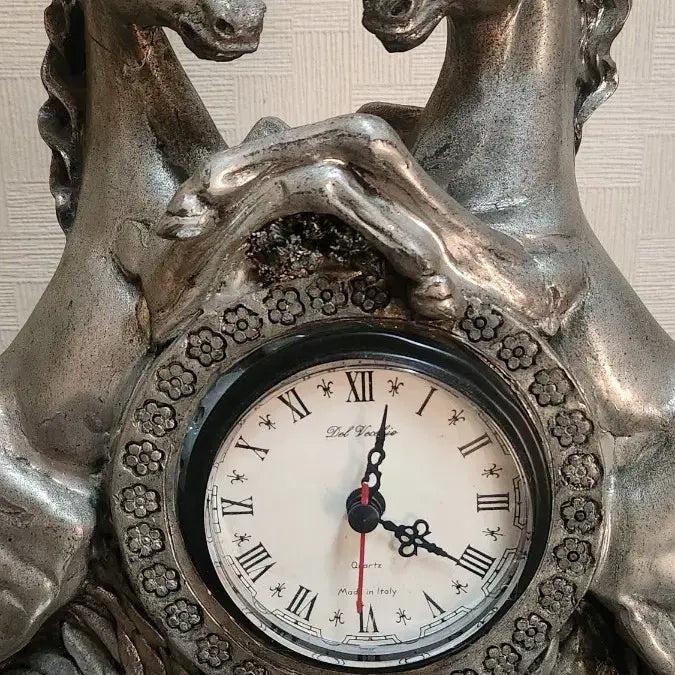 [BUNJANG] Italian Silver-Plated Twin Horse Sculpture Table Clock / 이태리 은도금 쌍마조각 탁상시계