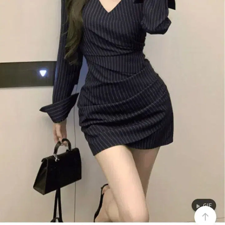 [BUNJANG] Stripe Collar Wrap Shirring Mini Dress / 스트라이프 카라 랩 셔링 미니 원피스 교신