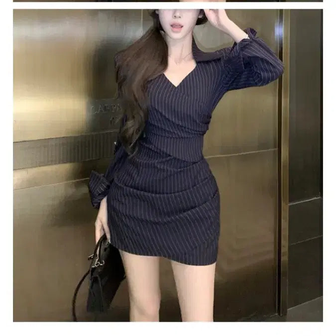 [BUNJANG] Stripe Collar Wrap Shirring Mini Dress / 스트라이프 카라 랩 셔링 미니 원피스 교신