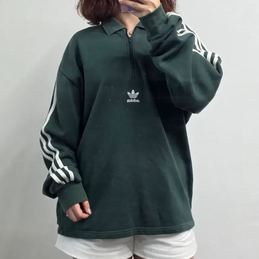[BUNJANG] Adidas Green Half-Zip Collar Long Sleeve T-Shirt - Size L / [프립]L/아디다스 반집업 카라긴팔티 그린
