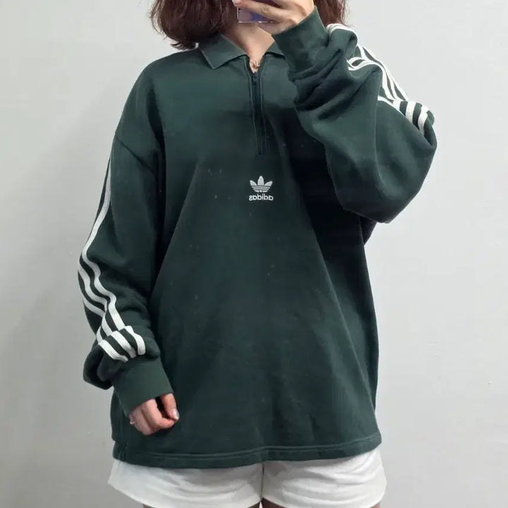 [BUNJANG] Adidas Green Half-Zip Collar Long Sleeve T-Shirt - Size L / [프립]L/아디다스 반집업 카라긴팔티 그린