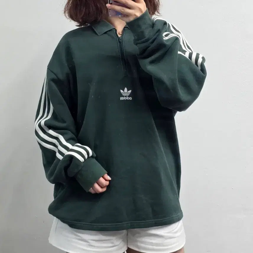 [BUNJANG] Adidas Green Half-Zip Collar Long Sleeve T-Shirt - Size L / [프립]L/아디다스 반집업 카라긴팔티 그린