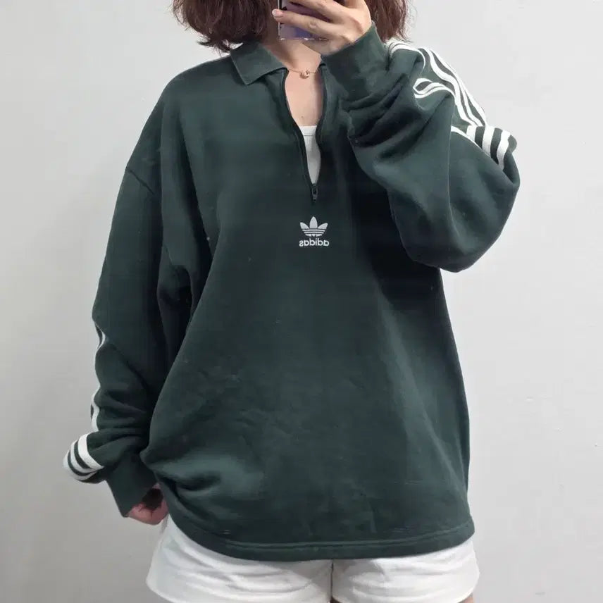 [BUNJANG] Adidas Green Half-Zip Collar Long Sleeve T-Shirt - Size L / [프립]L/아디다스 반집업 카라긴팔티 그린