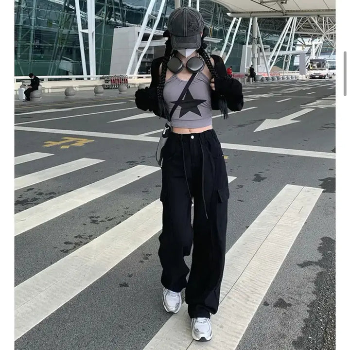 [BUNJANG] Black Pocket Cargo Pants with Elastic Waistband / [새상품]허리밴딩 검정 포켓 카고 팬츠