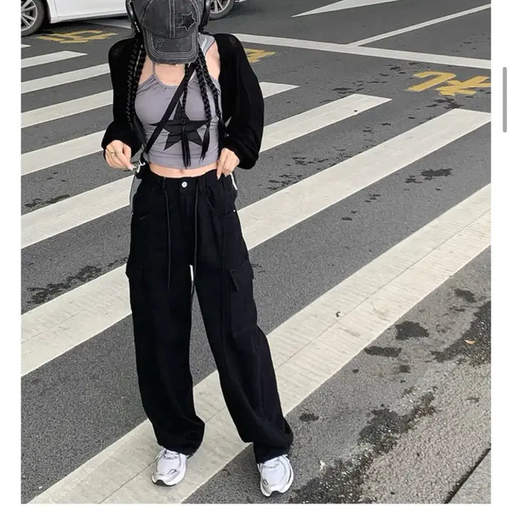 [BUNJANG] Black Pocket Cargo Pants with Elastic Waistband / [새상품]허리밴딩 검정 포켓 카고 팬츠
