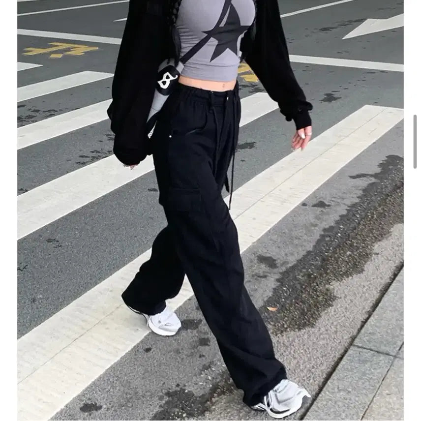 [BUNJANG] Black Pocket Cargo Pants with Elastic Waistband / [새상품]허리밴딩 검정 포켓 카고 팬츠