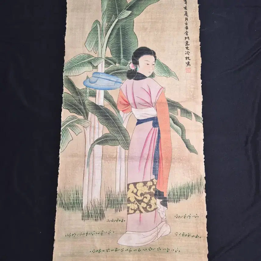 [BUNJANG] Qing Dynasty Court Painter Leng Mei "Beauty Holding Banana Leaves" Scroll Painting Antique Fine Art / 청대 궁정화가 냉매의 파초 미인도 육필 고서화 그림 골동품 미술품