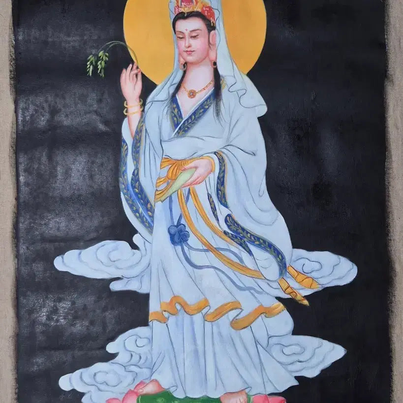 [BUNJANG] Unsigned Oil Painting of White-Robed Kannon Bodhisattva - Chinese Antique Fine Art / 백의관음보살도 유화 탱화 불화 육필 그림 중국골동품 고미술품 고화