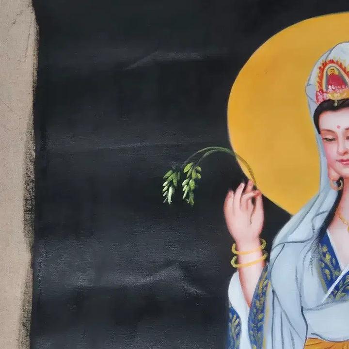 [BUNJANG] Unsigned Oil Painting of White-Robed Kannon Bodhisattva - Chinese Antique Fine Art / 백의관음보살도 유화 탱화 불화 육필 그림 중국골동품 고미술품 고화