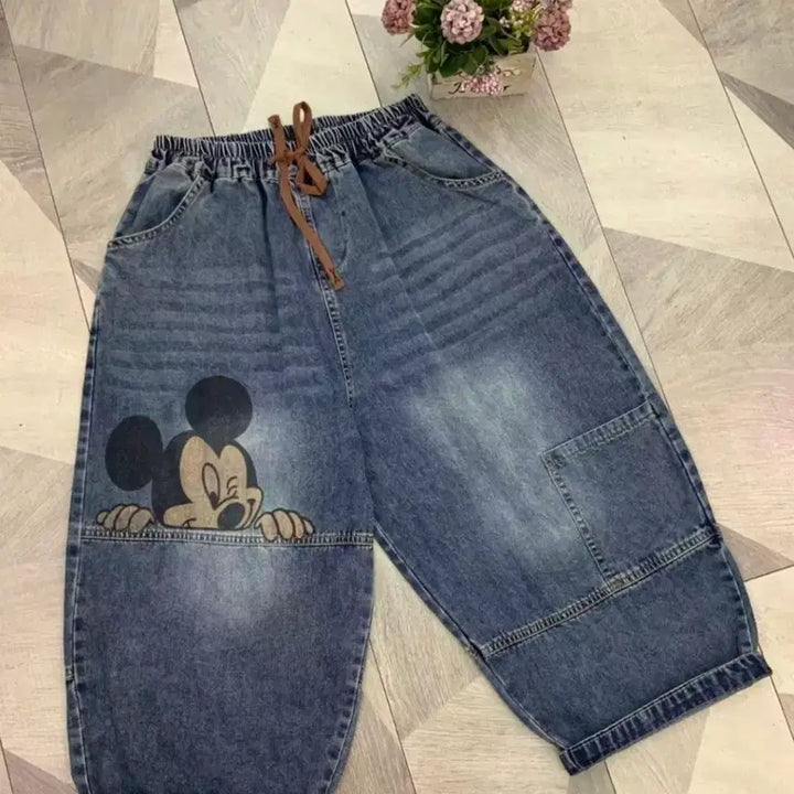 [BUNJANG] Vintage Mickey Mouse Banding Baggy Jeans Wide Pants / (새상품) 빈티지 미키마우스 밴딩 배기 청바지 와이드 통바지