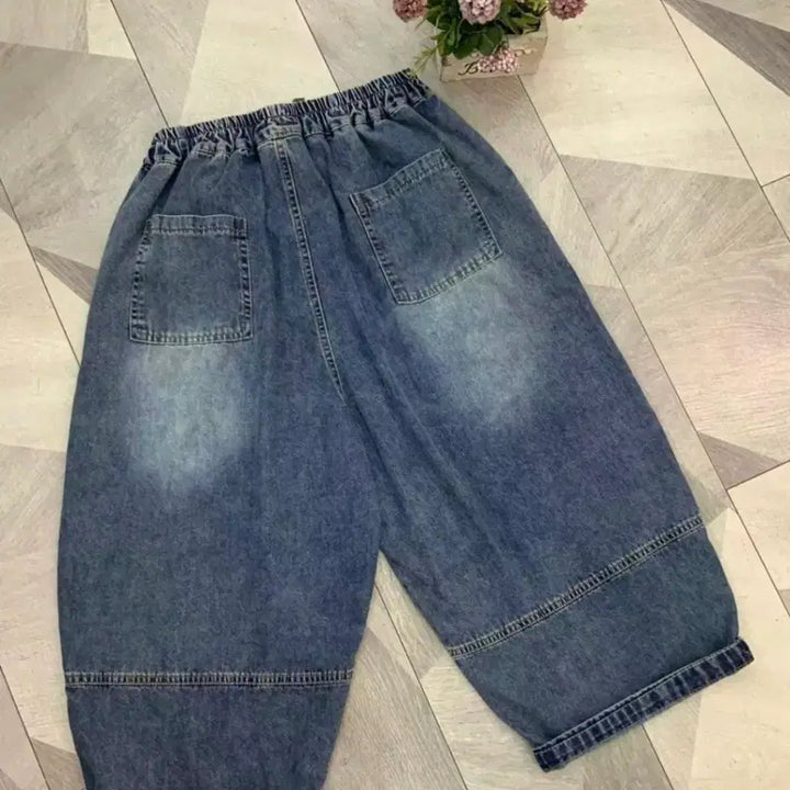 [BUNJANG] Vintage Mickey Mouse Banding Baggy Jeans Wide Pants / (새상품) 빈티지 미키마우스 밴딩 배기 청바지 와이드 통바지