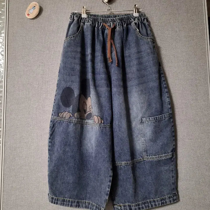 [BUNJANG] Vintage Mickey Mouse Banding Baggy Jeans Wide Pants / (새상품) 빈티지 미키마우스 밴딩 배기 청바지 와이드 통바지