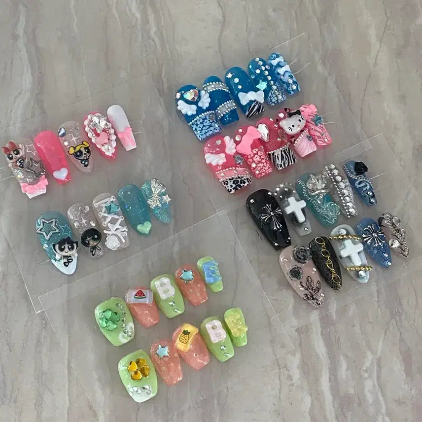 [BUNJANG] Handmade Nail Tips - Kitschy Gyaru Angelcore Dot Button Simple Custom Order / 수제 네일팁 팝니다! 키치 갸루 엔젤코어 도트 단추 심플 주문제작