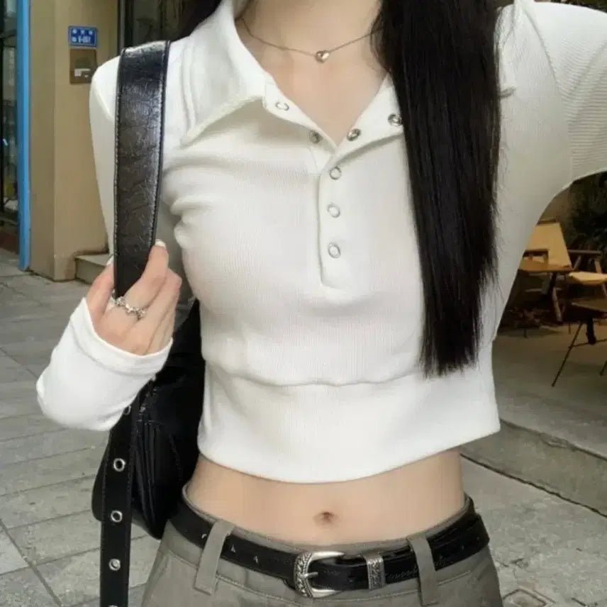 [BUNJANG] White Collar Long Sleeve Cropped T-Shirt / 화이트 카라넥 긴팔 크롭
