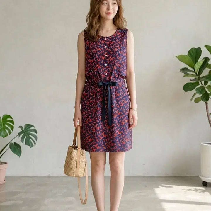 [BUNJANG] 100% Silk Bird Print Sleeveless Midi Dress Size 55 / 실크 100% 버드 프린트 슬리브리스 미디 원피스 55