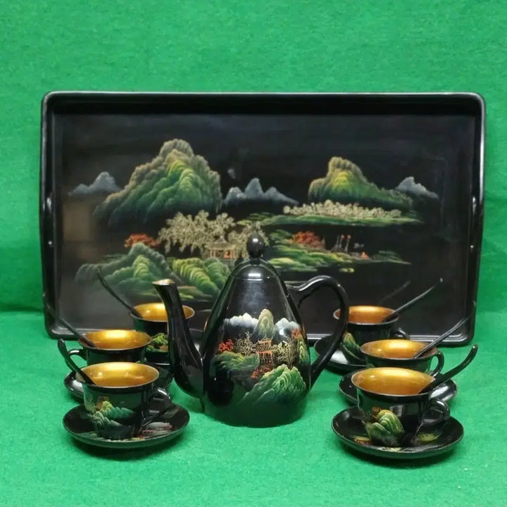 [BUNJANG] Vintage Flying Horse Black Lacquer Celadon Tea Set with Tray (19 Pieces) / *빈티지 수공예 흑칠나무 칠보 찻잔 세트 쟁반 포함(19pcs)