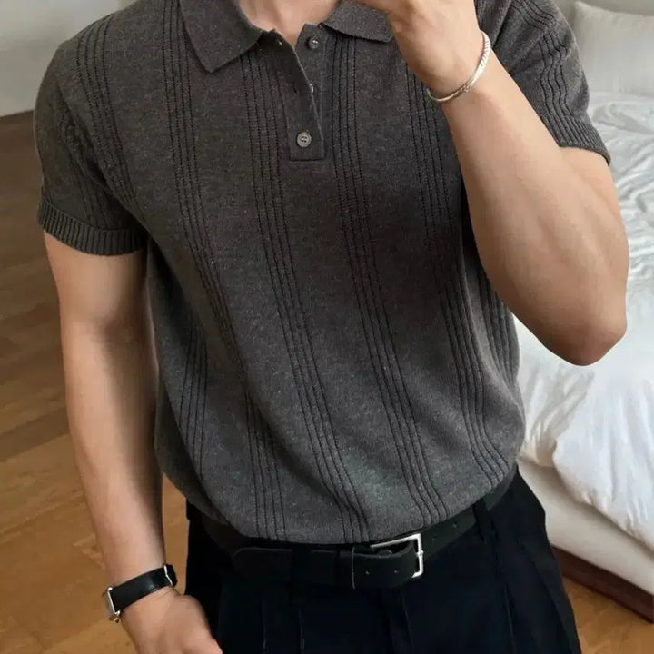 [BUNJANG] Soft Cool Muscle Fit Collar Short Sleeve Knit / [새상품]소프트 쿨 머슬핏 카라 반팔니트