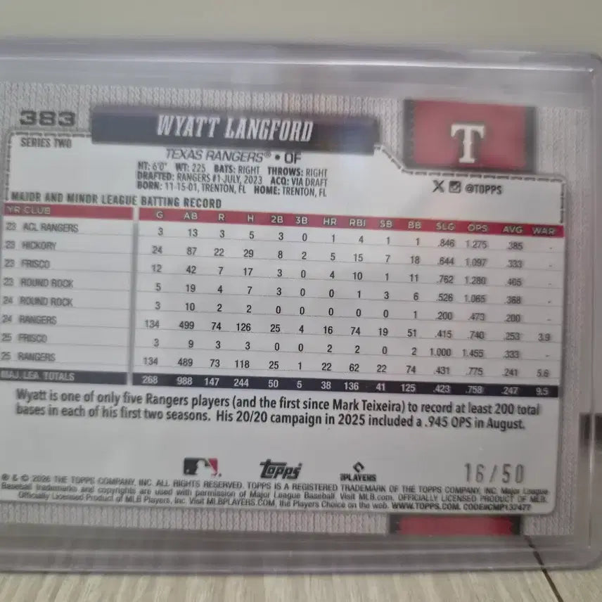 [BUNJANG] Topps Series 2 Wyatt Langford 50-Limited Card / Topps 시리즈2 텍사스  와이어트 랭포드 50한정 카드