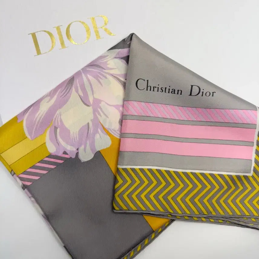 [BUNJANG] Christian Dior Silk Scarf Flower Grey Yellow (78x78) / [정품] 디올 실크 스카프 플라워 그레이 옐로우 (78x78)