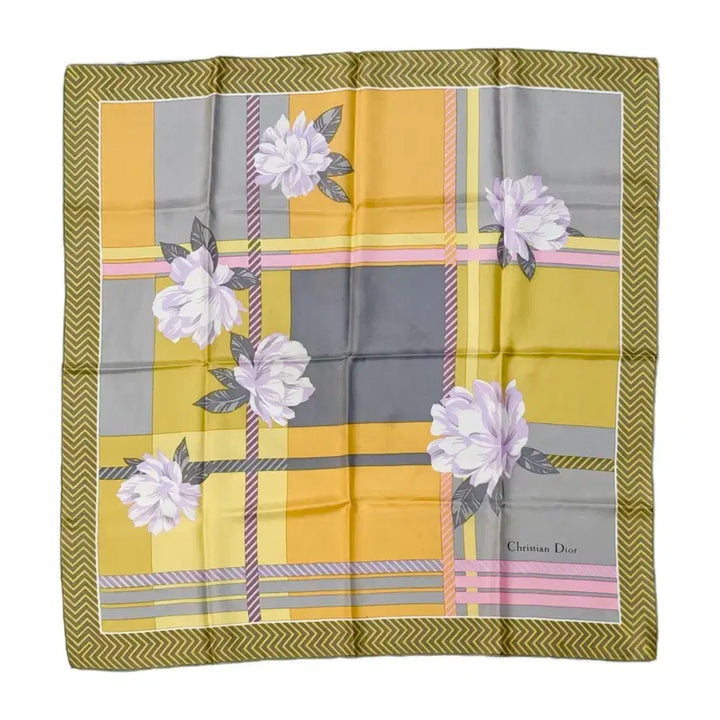 [BUNJANG] Christian Dior Silk Scarf Flower Grey Yellow (78x78) / [정품] 디올 실크 스카프 플라워 그레이 옐로우 (78x78)