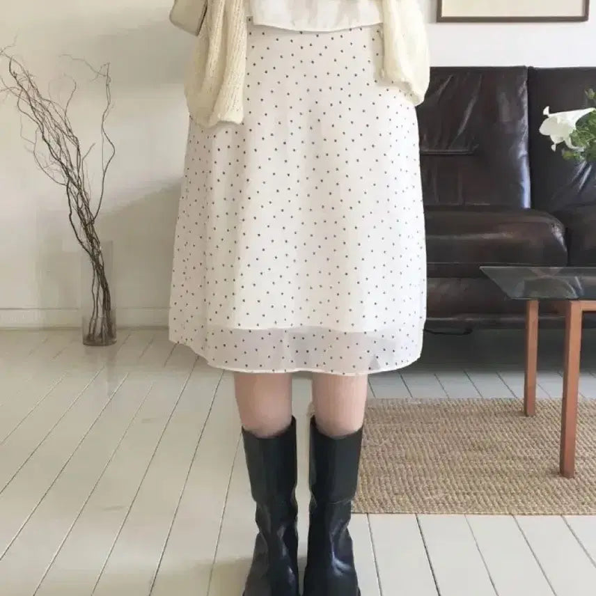 [BUNJANG] Amoreso Cream Dot Chiffon Banding Midi Long Skirt / 크림 도트 쉬폰 밴딩 미디 롱 스커트 에이블리 아모로소