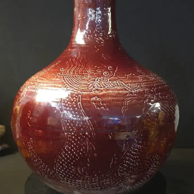 [BUNJANG] Joseon Dynasty Red Glaze Celadon Porcelain Vase with Incised Dragon Motif / 260616-1 홍유 선각 운용문천구병