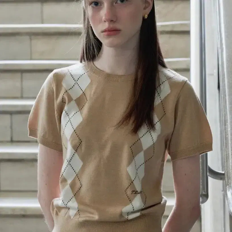[BUNJANG] Tudmont Argyle Half Sleeve Knit Pullover Beige / 튜드먼트 아가일 반팔 니트 베이지