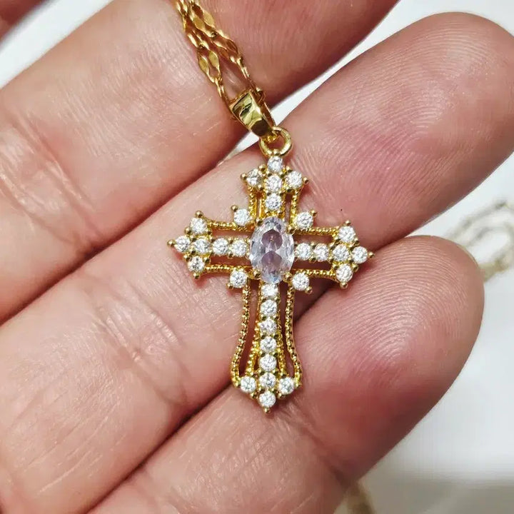 [BUNJANG] Gold Cubic Cross Pendant Necklace / 십자가 목걸이 금색 큐빅
