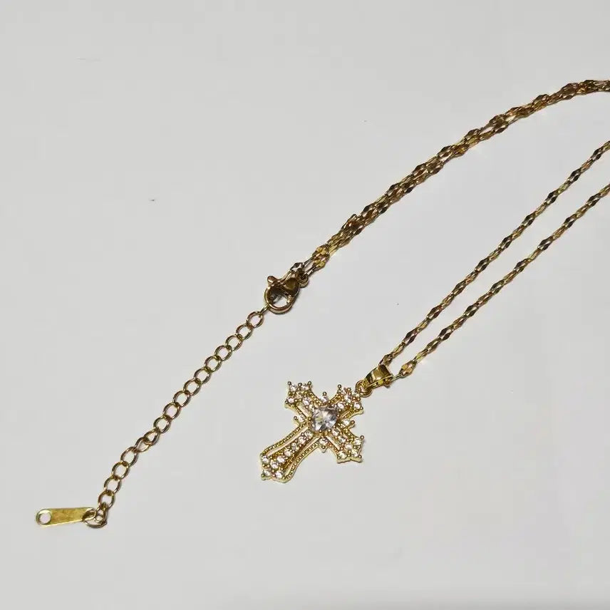 [BUNJANG] Gold Cubic Cross Pendant Necklace / 십자가 목걸이 금색 큐빅