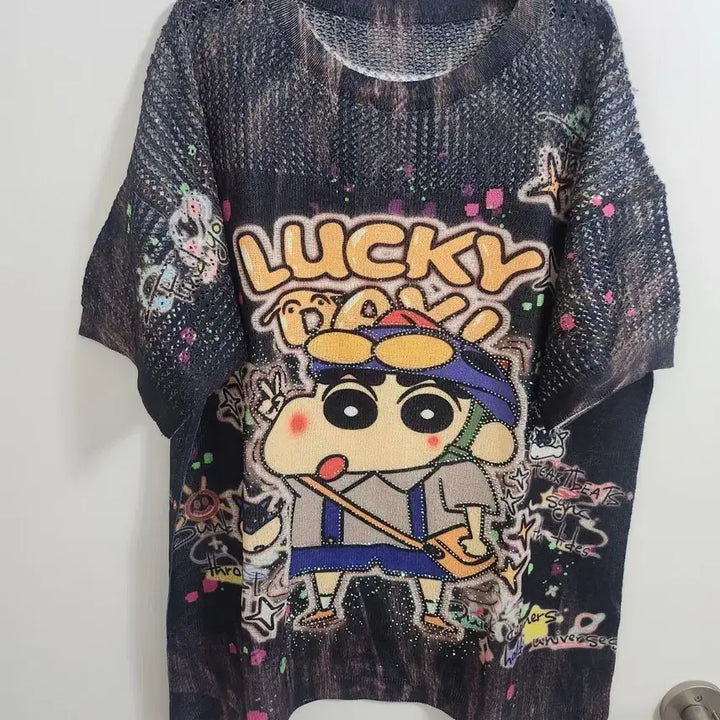 [BUNJANG] Crayon Shin-chan Cubic Knit Short Sleeve T-shirt / 짱구 큐빅 니트반팔티<새상품>