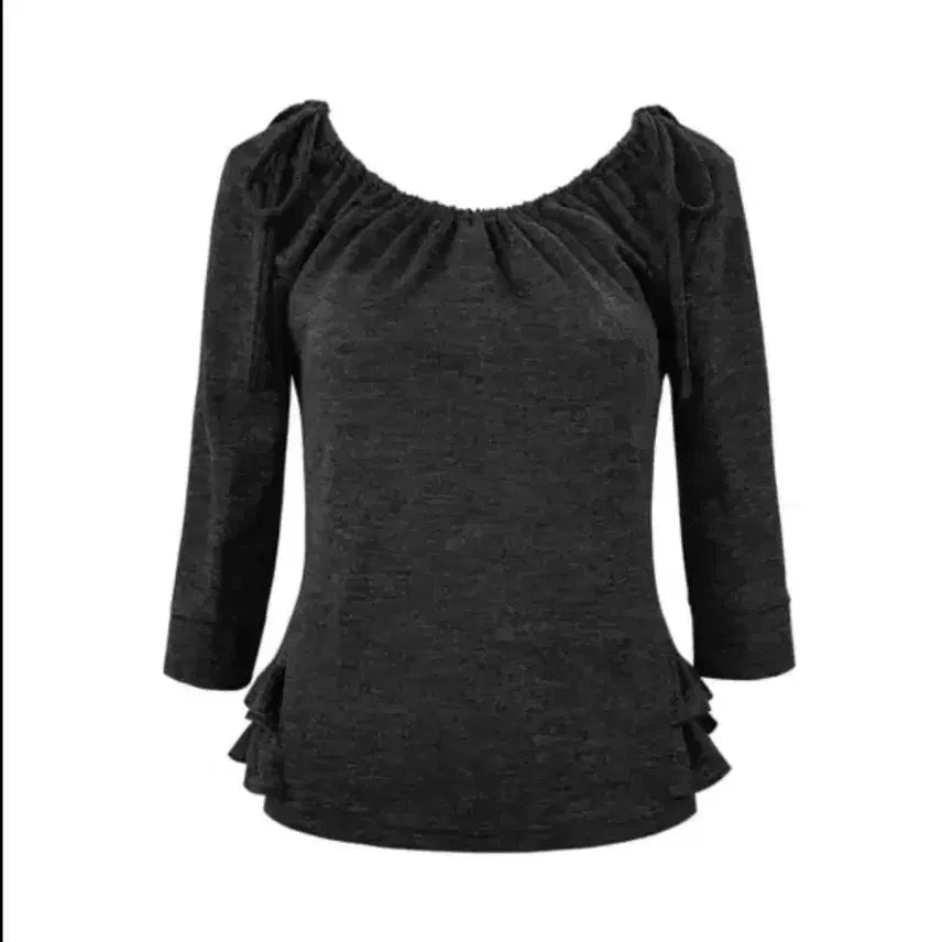 [BUNJANG] CHEME Shirring Mid-Sleeve Frill Top Charcoal T-Shirt / 체메씨 셔링 미드 슬리브 프릴 탑 차콜 티셔츠