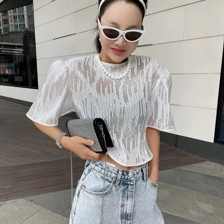 [BUNJANG] De Nollita White Sequin Puff Sleeve Blouse / 드노리타 화이트 스팽글 퍼프 소매 블라우스