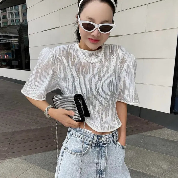 [BUNJANG] De Nollita White Sequin Puff Sleeve Blouse / 드노리타 화이트 스팽글 퍼프 소매 블라우스