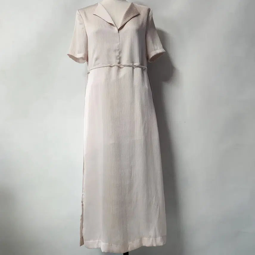 [BUNJANG] OVNEIR Pleated Collar Long Dress Pink Beige / 오브네어 플리츠 카라 롱 원피스 핑크베이지 FREE