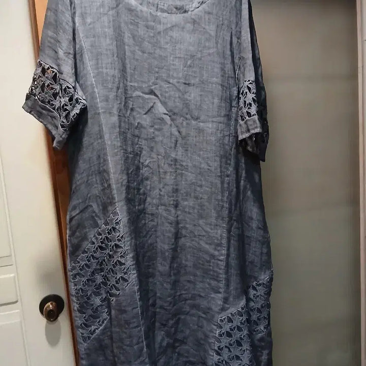 [BUNJANG] Natural Dye Linen Long Dress with Embroidery / 천연염색 마 롱원피스